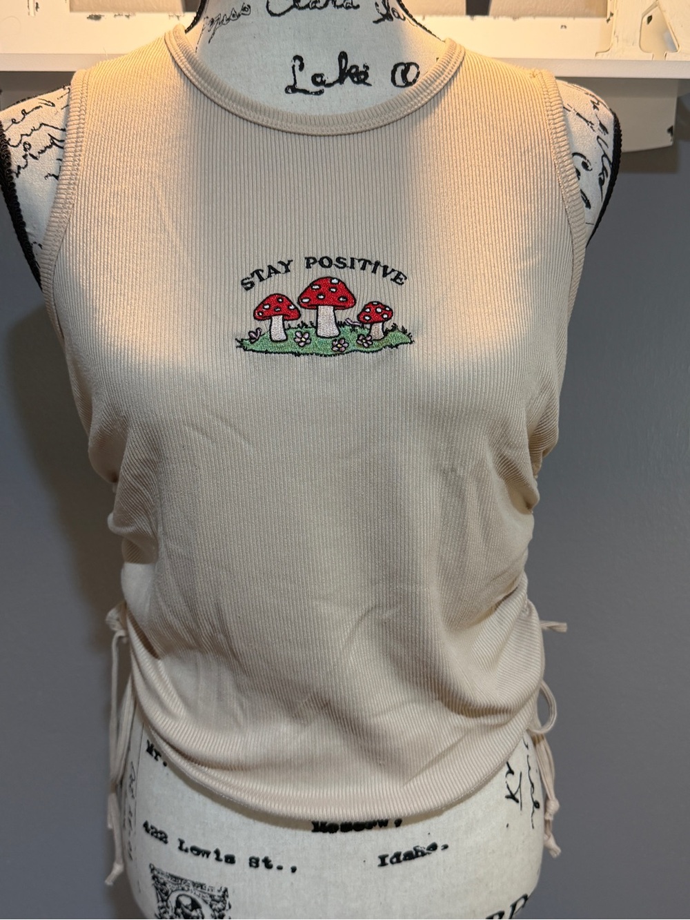 FADED ROSE “STAY POSITIVE” BEIGE RIBBED TANK TOP W/MUSHROOM EMBROIDERY SZ L J